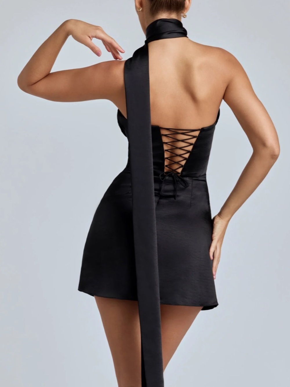 Oh Polly Anastasia Draped Halterneck Satin Mini Dress in Black - Picture 2 of 8